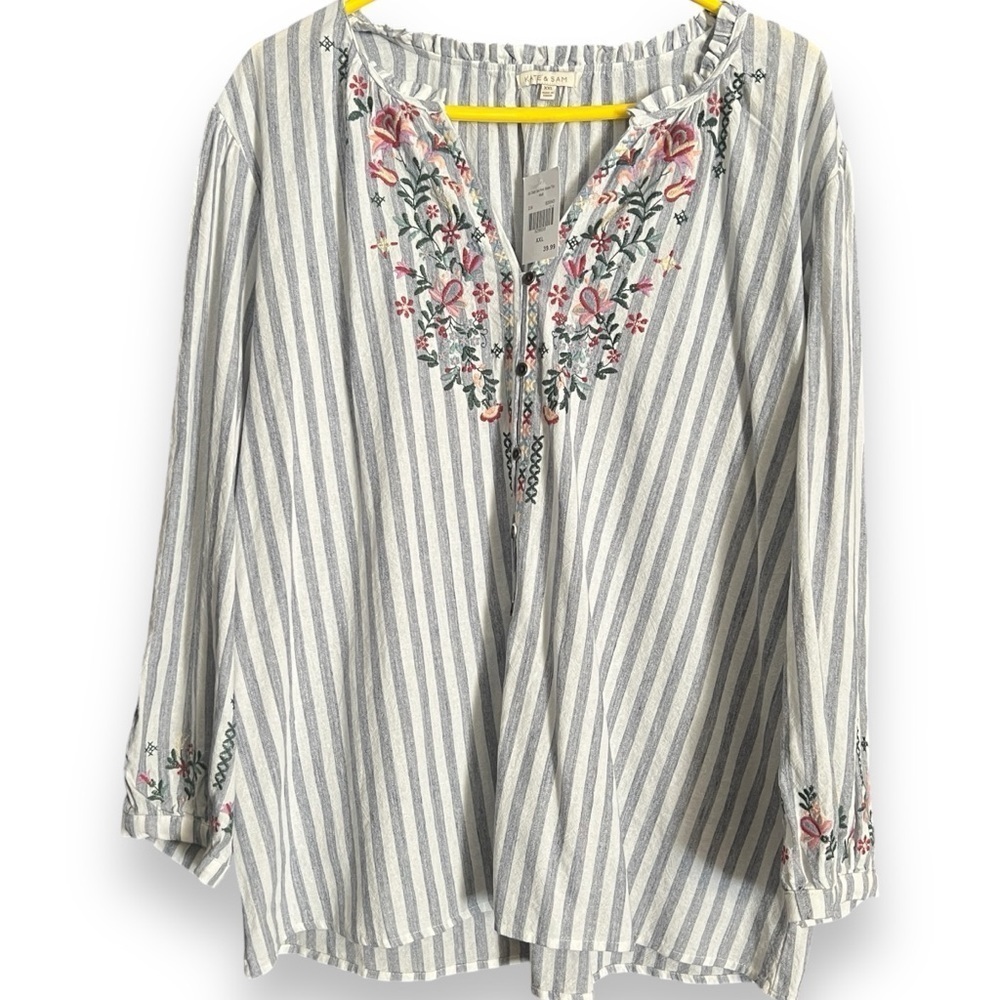 Kate + Sam Embroidered Button Front Striped Shirt 100% Cotton Women’s Size XXL